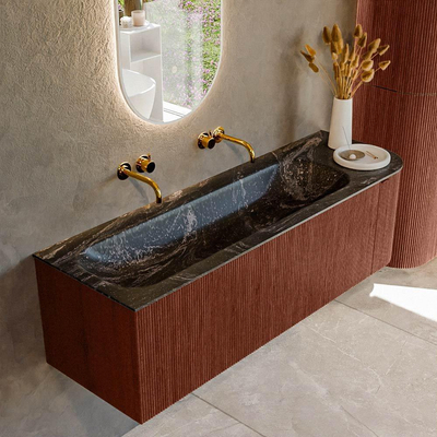 Ensemble de meuble de salle de bain Mondiaz KURVE-DLUX - 145x46x40cm - 1 tiroir - 1 porte - lavabo en solid surface - gauche - sans trou de robinet - Ruby