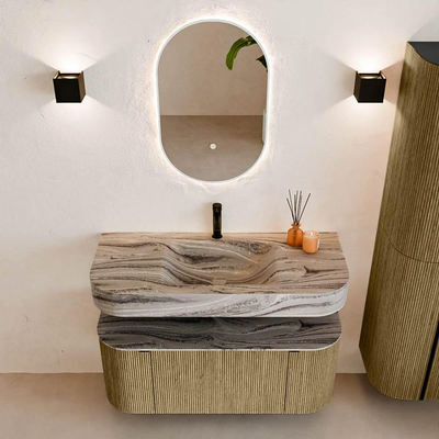 MONDIAZ THOR-DLUX Meuble de salle de bains - 110cm - arrondi gauche + droite - couleur Dusk - 1 tiroir - 2 portes - Vasque suspendue CLOUD Centre 1 trou de robinet couleur Sombra