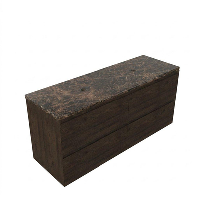 Saniclass Holz Pure Ensemble meuble de salle de bains - 140x45x63cm - Plan en pierre naturelle Noche dark emperador - sans trou de robinet - 4 tiroirs - chêne charcoal mat (bois)