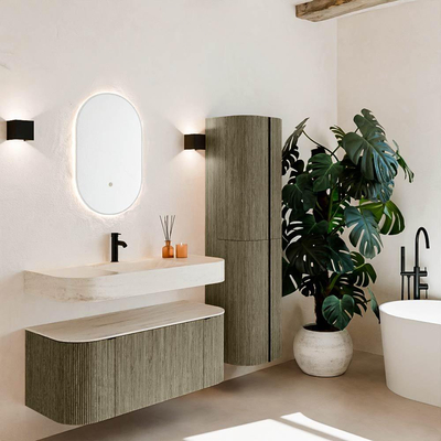 MONDIAZ THOR-DLUX Meuble de salle de bains 110cm arrondi gauche + droite couleur Shadow avec 1 tiroir et 2 portes. Vasque suspendue CLOUD Milieu 1 trou de robinet couleur Meli.