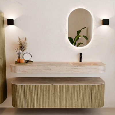 MONDIAZ THOR-DLUX 160cm meuble de salle de bains arrondi gauche + droite couleur Dusk avec 1 tiroir et 2 portes. Vasque suspendue CLOUD Droite 1 trou de robinet couleur Saba.