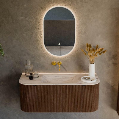 MONDIAZ KURVE-DLUX Meuble de salle de bains 110cm arrondi Gauche + Droite couleur Walnut avec 1 tiroir et 2 portes. Lavabo CLOUD Central sans trou de robinet Nata.