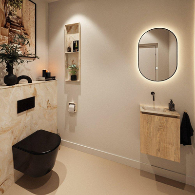 MONDIAZ TURE-DLUX Meuble toilette - 40cm - Washed Oak - EDEN - vasque Frappe - position gauche - sans trou de robinet