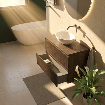Saniclass Holz Atelier Ensemble meuble de salle de bains - 100x45x62cm - plan de toilette en bois - sans trou de robinet - 2 tiroirs - chêne charcoal mat (bois)
