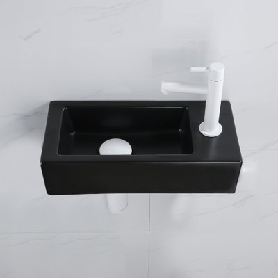 QeramiQ Fuente pack lave-mains – 37,5 x 18,5 x 9 cm – céramique noir mat – perçage à droite – robinet blanc mat