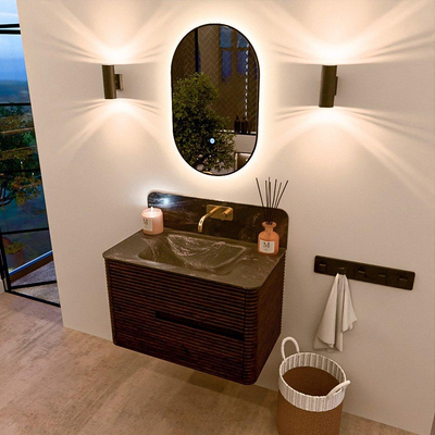 Mondiaz CIRO-DLUX Ensemble de meubles de salle de bains - 80x45x50cm - lavabo solid surface Lava - 1 vasque centrale - sans trous de robinet - 2 tiroirs - Noyer