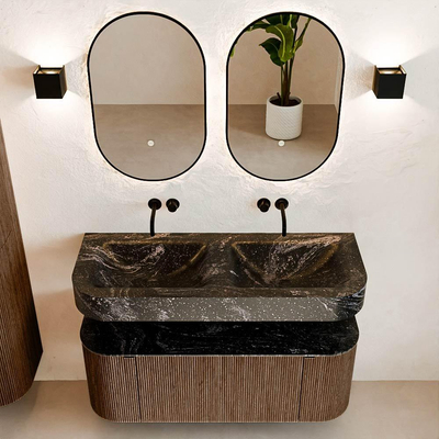 MONDIAZ THOR-DLUX 120cm meuble de salle de bains arrondi gauche + droite couleur Walnut avec 1 tiroir et 2 portes. Vasque suspendue CLOUD Double sans trou de robinet couleur Lava.