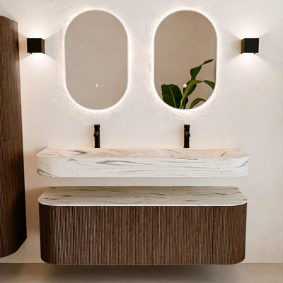 MONDIAZ THOR-DLUX Meuble de salle de bains 140cm arrondi gauche + droite couleur Walnut avec 1 tiroir et 2 portes. Vasque suspendue CLOUD Double 2 trous de robinet couleur Nata.