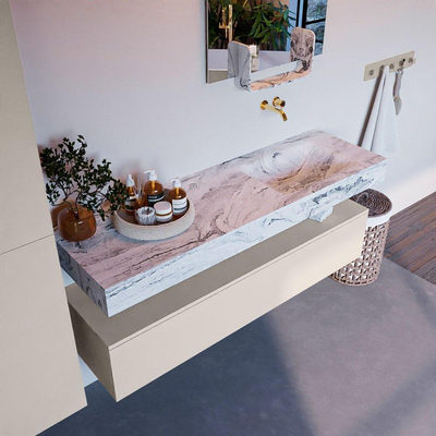 Mondiaz ALAN-DLUX Ensemble de meuble - 150cm - meuble Linen mat - 1 tiroir - Lavabo Cloud Glace suspendu - vasque Droite - 0 trous de robinet
