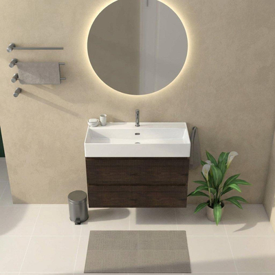 Saniclass Holz Atelier Ensemble meuble de salle de bains - 100x45x72cm - lavabo Legend en céramique blanc - 1 vasque - 1 trou de robinetterie - 2 tiroirs - chêne charcoal mat (bois)