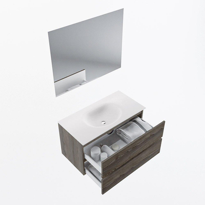 Mondiaz VICA ensemble de meuble de salle de bain - 90cm - meuble sous-vasque marron foncé gris - 2 tiroirs - lavabo lune milieu - 1 trou de robinet - couleur talc - miroir LED - version XL 60cm haut