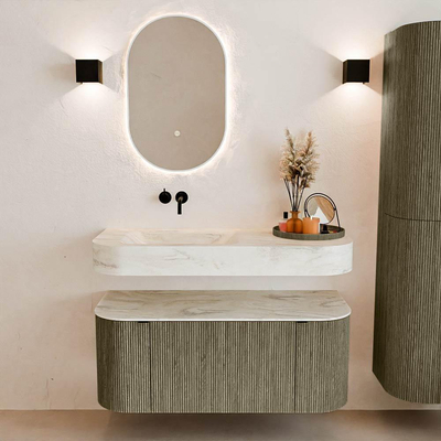 MONDIAZ THOR-DLUX 110cm meuble de salle de bains arrondi gauche + droite couleur Shadow avec 1 tiroir et 2 portes. Vasque suspendue CLOUD Gauche sans trou de robinet couleur Ostra.