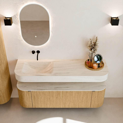MONDIAZ THOR-DLUX 150cm badmeubel ronding links + rechts kleur Oak met 1 lade en 2 deuren. Vrijhangende wastafel CLOUD Links zonder kraangat kleur Meli.