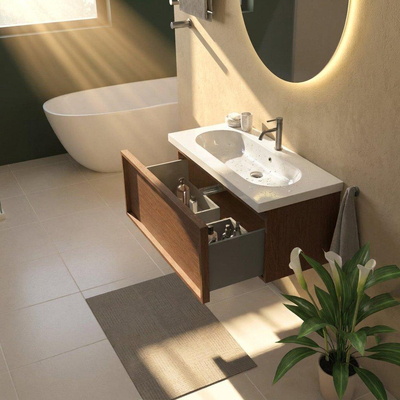 Saniclass Holz Frame Ensemble meuble de salle de bains - 100x45x43.5cm - lavabo Palermo en céramique blanc - 1 vasque - 1 trou de robinet - 1 tiroir - walnut pure mat (bois)