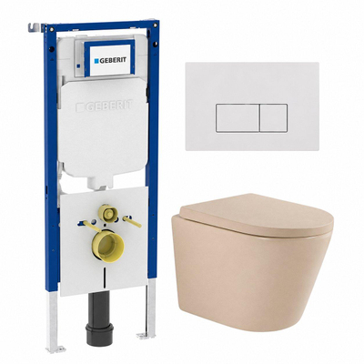 QeramiQ Dely Toiletset - 36.3x51.7cm - diepspoel - rimless - Geberit UP720 inbouwreservoir - softclose toilet zitting - 35mm - glans witte bedieningsplaat - rechthoekige knoppen - mat beige