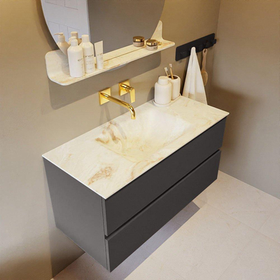 Mondiaz VICA-DLUX ensemble de meuble de salle de bain - 100cm - meuble sous-vasque gris foncé - 2 tiroirs - lavabo encastré cloud milieu - sans trous de robinet - version haute de 60cm - frape