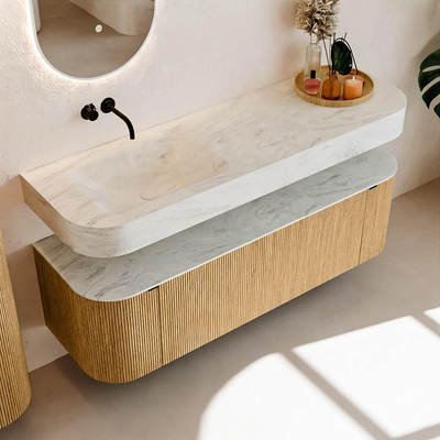 MONDIAZ THOR-DLUX 150cm meuble de salle de bains arrondi gauche + droite couleur Oak avec 1 tiroir et 2 portes. Vasque suspendue CLOUD gauche sans trou de robinet couleur Opalo.