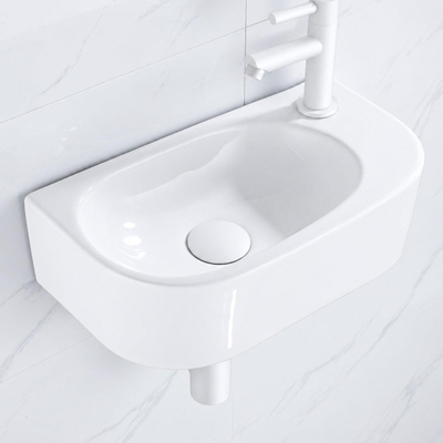 QeramiQ Fuente pack lave-mains – demi-rond – 40 x 21,5 x 12 cm – céramique blanc brillant – robinet blanc mat
