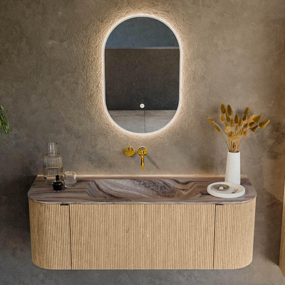 MONDIAZ KURVE-DLUX 130cm badmeubel ronding Links + Rechts kleur Oak met 1 lade en 2 deuren. Wastafel BIG SMALL Midden zonder kraangat Sombra.
