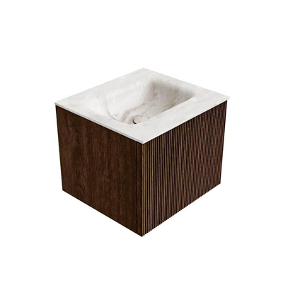 MONDIAZ KURVE-DLUX 50cm badmeubel kleur Walnut met 1 lade. Wastafel GRUNNE midden 1 kraangat kleur Frappe.