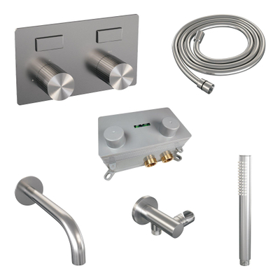 BRAUER Stripe Thermostatische Badkraan - drukknoppen - SET 03 - inbouw - uitloop - staaf handdouche - doucheslang - wandaansluitbocht - RVS-kleurig geborsteld PVD