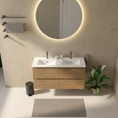 Saniclass Holz Pure Ensemble meuble de salle de bains - 120x45x62cm - Lavabo Vygo en céramique blanc - 2 vasques - 2 trous de robinetterie - 4 tiroirs - chêne natural mat (bois)