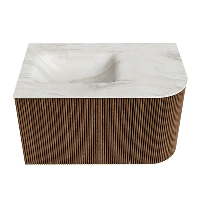 MONDIAZ KURVE-DLUX 75cm Meuble salle de bain avec module 25 D - couleur Walnut - 1 tiroir - 1 porte - vasque GRUNNE gauche - sans trou de robinet - couleur Ostra