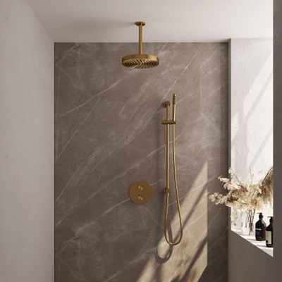 BRAUER Stripe Douche de tête thermostatique encastrée - 3 voies - ronde - SET 45 - pomme de douche 25cm - bras plafond - douchette à main - flexible de douche - barre coulissante intégrée - PVD doré brossé