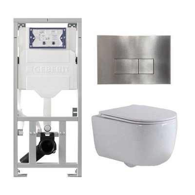 QeramiQ Dely Swirl Ensemble WC- 36,3x51,7 cm - Réservoir encastré Geberit UP320 - Abattant fin - Plaque de commande en inox- Boutons rectangulaires - Blanc brillant