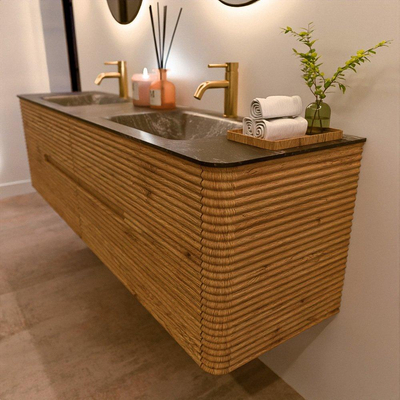 Mondiaz CIRO-DLUX Badkamermeubelset - 180x45x50cm - Solid surface wastafel Lava - 2 wasbak Dubbel - 2 kraangaten - 4 lades - Oak