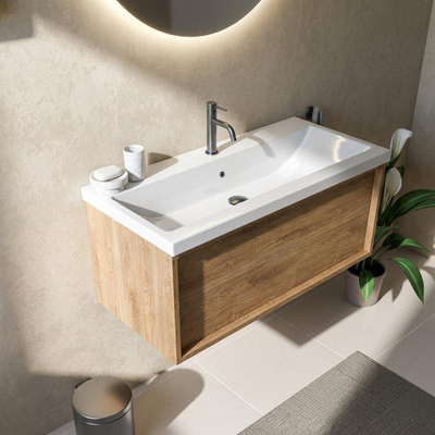 Saniclass Holz Frame Ensemble meuble de salle de bains - 100x45x43.5cm - Bari lavabo en céramique blanc - 1 vasque - 1 trou de robinetterie - 1 tiroir - chêne natural mat (bois)
