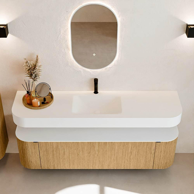 MONDIAZ THOR Meuble de salle de bains 170cm arrondi gauche + droite couleur Oak avec 1 tiroir et 2 portes. Vasque suspendue CLOUD Milieu 1 trou de robinet couleur Talc.