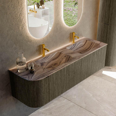 MONDIAZ KURVE-DLUX 155cm meuble de salle de bains arrondi Gauche couleur Shadow avec 2 tiroirs et 1 porte. Lavabo LEAF Double / Droite 2 trous de robinet Sombra.