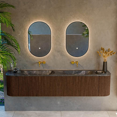 MONDIAZ KURVE-DLUX Meuble de salle de bains 200cm avec module 25 Len R couleur Walnut avec 2 tiroirs et 2 portes. Lavabo STOR SMALL double sans trou de robinet couleur Lava.