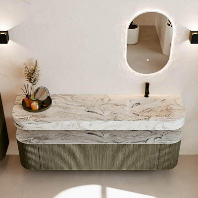 MONDIAZ THOR-DLUX Meuble de salle de bains 180cm arrondi gauche + droite couleur Shadow avec 2 tiroirs et 2 portes. Vasque suspendue CLOUD Droite 1 trou de robinet couleur Glace.