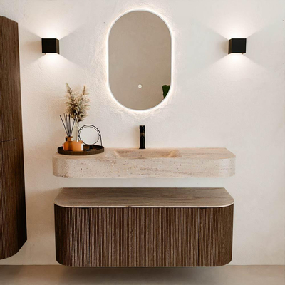 MONDIAZ THOR-DLUX 120cm badmeubel ronding links + rechts kleur Walnut met 1 lade en 2 deuren. Vrijhangende wastafel CLOUD Midden 1 kraangat kleur Saba.