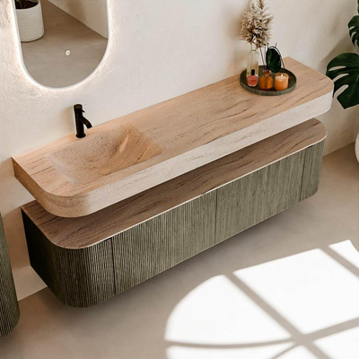 MONDIAZ THOR-DLUX 180cm meuble de salle de bains arrondi gauche + droite couleur Shadow avec 2 tiroirs et 2 portes. Vasque suspendue CLOUD gauche 1 trou de robinet couleur Saba.