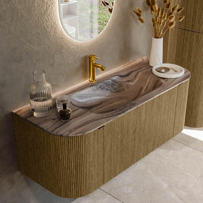 MONDIAZ KURVE-DLUX Meuble de salle de bains 120 cm arrondi gauche + droit couleur Dusk avec 1 tiroir et 2 portes. Lavabo BIG SMALL Milieu 1 trou de robinet Sombra.