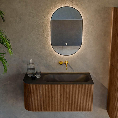 MONDIAZ KURVE 95cm Meuble salle de bain avec module 25 G - couleur Walnut - 1 tiroir - 1 porte - vasque BIG SMALL droite - sans trous de robinet - Urban