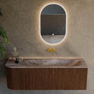 MONDIAZ KURVE-DLUX Meuble de salle de bains 135cm arrondi à gauche couleur Walnut avec 1 tiroir et 1 porte. Lavabo BIG MEDIUM à droite sans trou de robinet Oza.