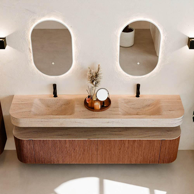 MONDIAZ THOR-DLUX 200cm meuble de salle de bains arrondi gauche + droite couleur Ruby avec 2 tiroirs et 2 portes. Vasque suspendue CLOUD Double 2 trous de robinet couleur Saba.