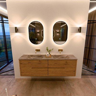 Mondiaz CIRO-DLUX Ensemble de meubles de salle de bains - 160x45x50cm - plan-vasque solid surface Oza - double vasque - sans trous de robinet - 4 tiroirs - chêne