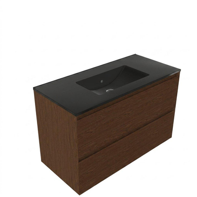 Saniclass Holz Pure Ensemble de meubles de salle de bains - 100x45x62cm - Vasque Vygo en céramique noire - 1 vasque - 1 trou de robinet - 2 tiroirs - walnut pure mat (bois)