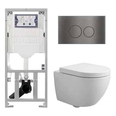 Pack WC QeramiQ Dely Swirl Compact - réservoir encastrable Geberit UP320 - avec bâti-support Burda - abattant 25 mm - plaque de commande en métal gunmetal - boutons ronds - blanc mat