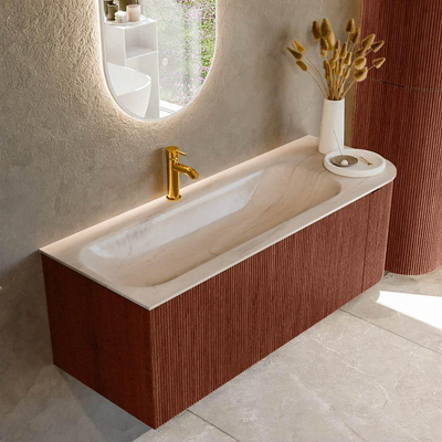 MONDIAZ KURVE-DLUX 125cm badmeubel ronding Rechts kleur Ruby met 1 lade en 1 deur. Wastafel BIG MEDIUM Links 1 kraangat Meli.
