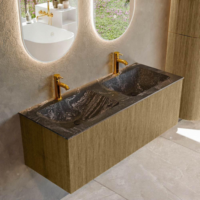 Mondiaz KURVE-DLUX Ensemble de meuble salle de bain - 120x46x40cm - 1 tiroir - lavabo en solid surface - double - 2 trous de robinet - Dusk
