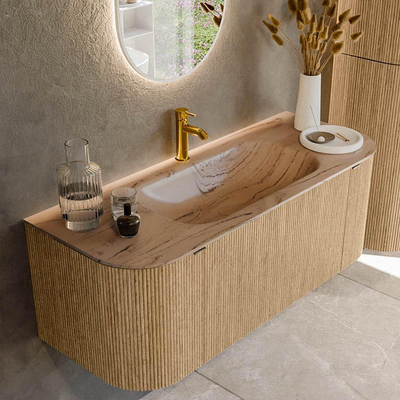 MONDIAZ KURVE-DLUX 120cm badmeubel ronding Links + Rechts kleur Oak met 1 lade en 2 deuren. Wastafel BIG SMALL Midden 1 kraangat Arena.