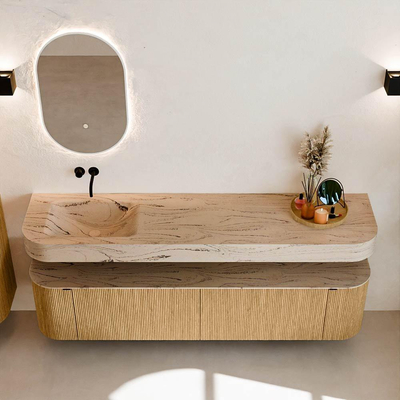 MONDIAZ THOR-DLUX 190cm meuble de salle de bains arrondi gauche + droite couleur Oak avec 2 tiroirs et 2 portes. Vasque suspendue CLOUD Gauche sans trou de robinet couleur Arena.