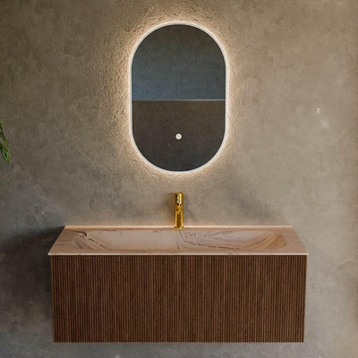 MONDIAZ KURVE-DLUX 110cm meuble de salle de bains couleur Walnut avec 1 tiroir et 0 porte. Lavabo BIG MEDIUM central 1 trou de robinet Arena.