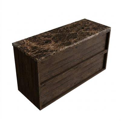 Saniclass Holz Frame Ensemble meuble de salle de bains - 120x45x63cm - plan de toilette en pierre naturelle Noche dark emperador - sans trou de robinet - 2 tiroirs - chêne charcoal mat (bois)